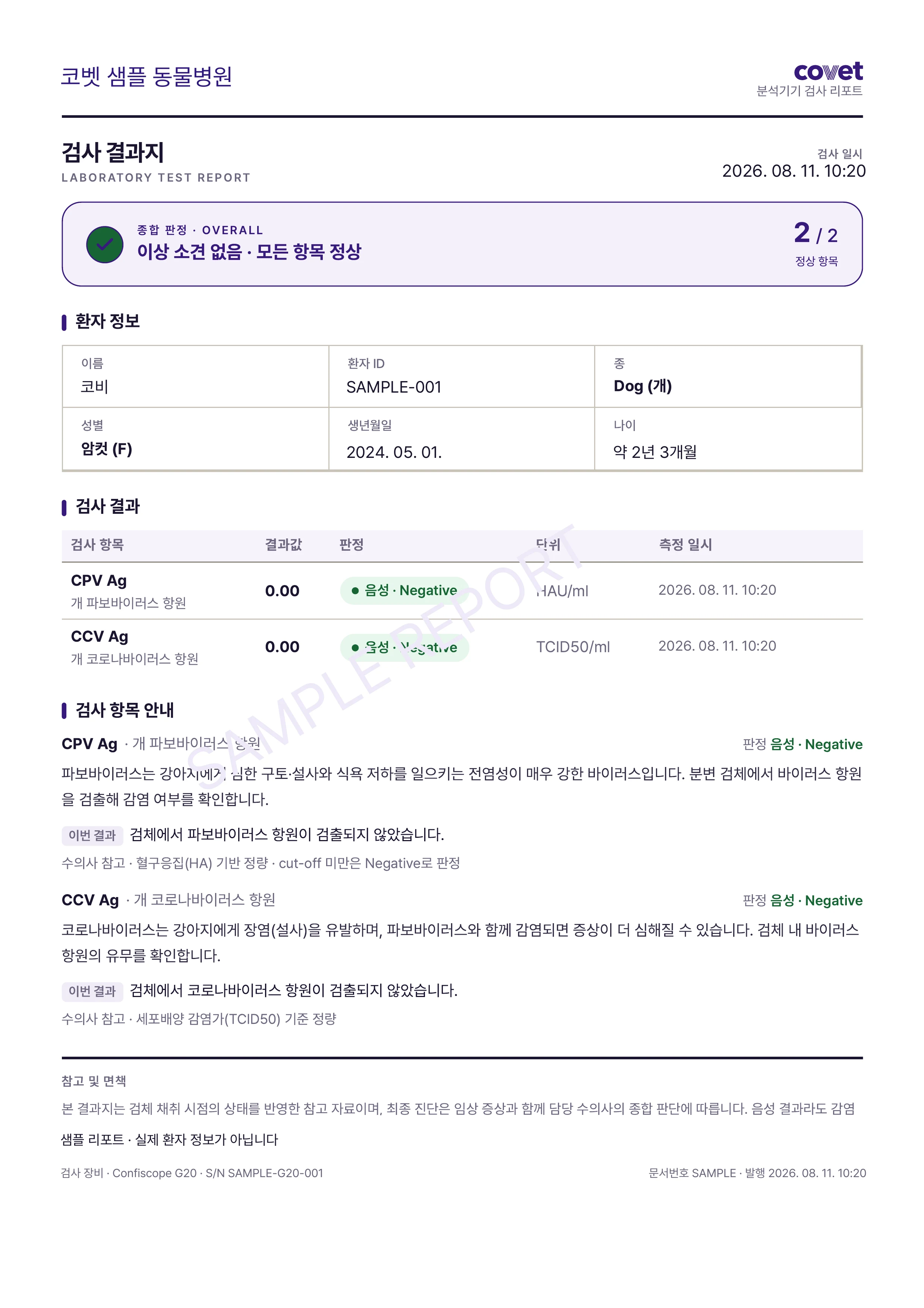 G20 검사결과가 정리된 COVET LAB 샘플 결과지